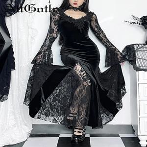 AltGoth 미적 고딕 미디 드레스 여성 빈티지 Elagnt 레이스 패치 워크 플레어 슬리브를 통해 볼 높은 허리 Clubwear 드레스 Femme