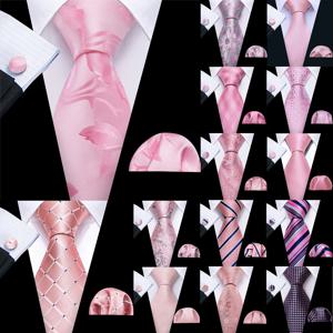 Barry.Wang 핑크 산호 복숭아 실크 남성 넥타이 포켓 스퀘어 커프스 단추 세트 남성 결혼식 비즈니스 파티를위한 자카드 꽃 넥타이