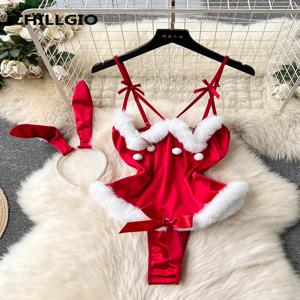 CHILLGIO 여성 섹시한 크리스마스 원피스 바디 슈트 새틴 꽉 Onesie Hot Bunny Catsuits 패션 모피 조합 Strappy Rompers