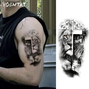 방수 임시 타투 스티커 검은 사자 예수 기도 십자가 가시 동물 바디 아트 팔 다리 가짜 타투 슬리브 여성 남성