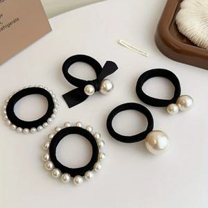 5Pcs 우아한 숙녀 헤어 밴드 정장, 높은 탄성 원활한 직물, 모조 진주 활 디자인, 숙녀와 소녀는 그것을 좋아합니다!