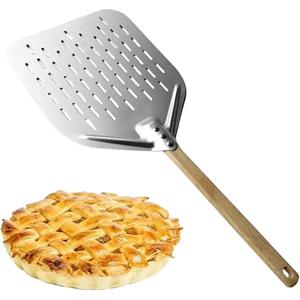 나무 손잡이가 있는 금속 논스틱 피자 필, 이동 트레이, 수제 베이킹 피자 케이크 빵 피자 도구, 12 인치 피자 삽