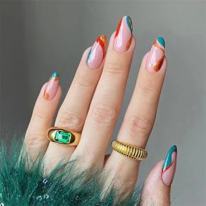 24Pcs 프랑스어 아몬드 여러 가지 빛깔의 웨이브 가짜 손톱 네일 아트에 전체 아크릴 이동식 프레스를 완료 광택 방수 거짓 손톱