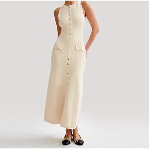 2024 여름 우아한 레이디 니트 싱글 브레스트 롱 드레스 여성 솔리드 민소매 O 넥 버튼 Bodycon 파티 여성 Vestidos