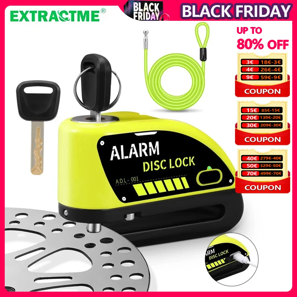 Gadpow 오토바이 잠금 장치 충전식 120dB 알람 디스크 브레이크 잠금 장치 도난 방지 보안 휠 디스크 잠금 장치 1.8M 케이블로 방수