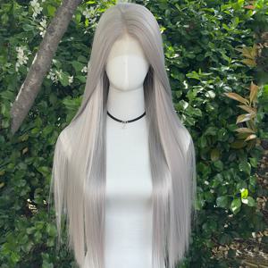 흑인 여성용 실버 그레이 합성 레이스 프론트 가발, 긴 스트레이트 무접착제 가발, 회색 내열성 가발, 무료 부품, 13x4, 26 인치