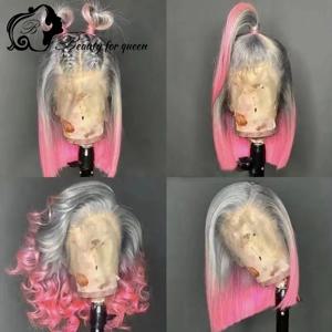 여성용 그레이 핑크 옴브레 컬러 짧은 밥 에이스 프론트 인모 가발, HD 투명 레이스 정면 가발, 자연스러운 헤어 라인, 13x6