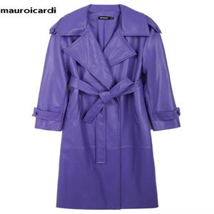 Mauroicardi 여성용 용수철 롱 방수 소프트 퍼플 PU 가죽 트렌치 코트, 샤시 럭셔리 우아한 가죽 오버코트 2025