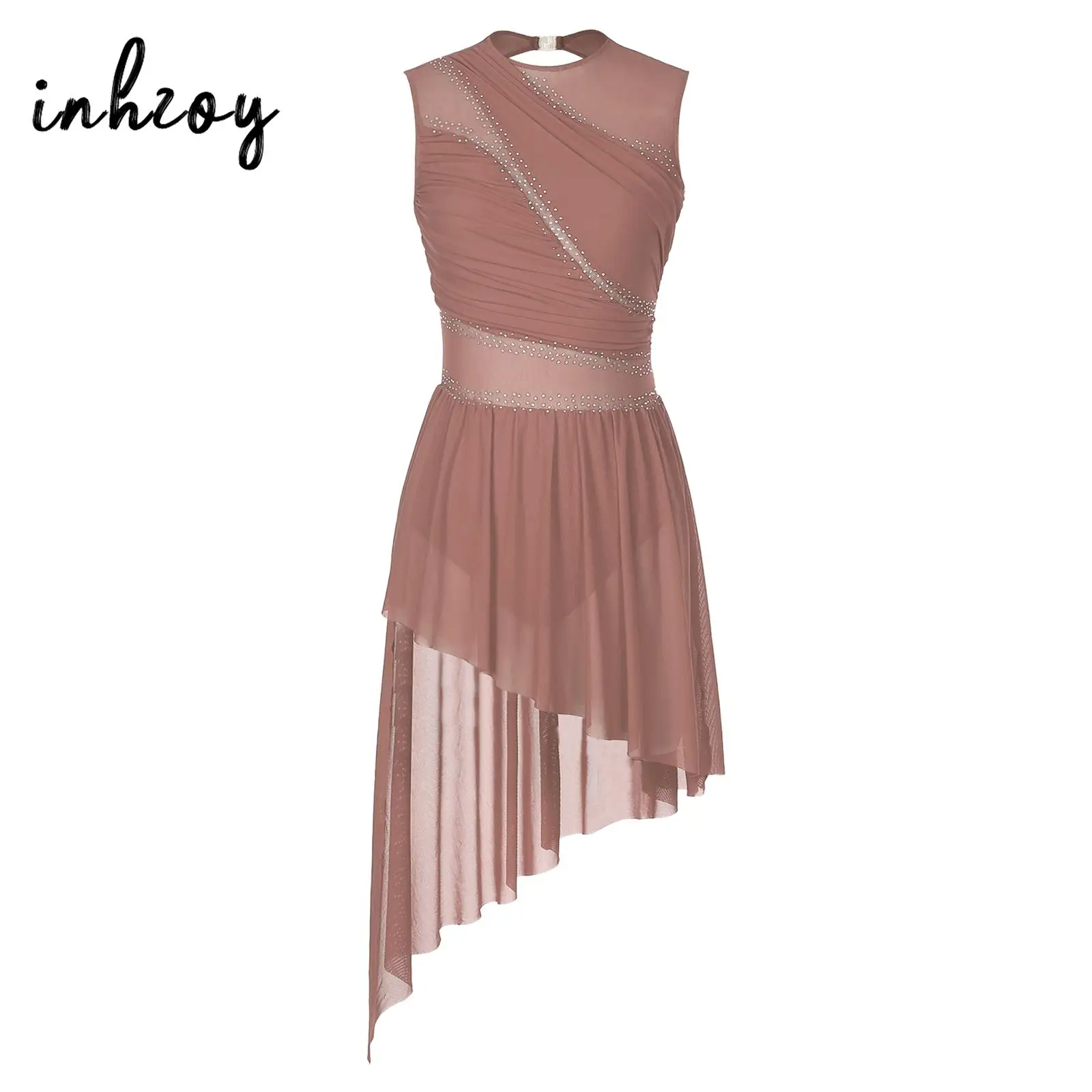 여성용 발레 서정적 댄스 원피스 레오타드 민소매 샤이니 라인스톤 쉬어 메쉬 피겨 아이스 스케이팅 코스튬 체조 댄스웨어