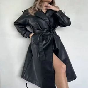 여성용 영국 우아한 엑스트라 롱 블랙 인조 가죽 트렌치 코트 벨트, 여성용 빈티지 럭셔리 디자이너 재킷, 2025 신상 패션