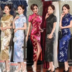 중국 치파오 원피스 전통 결혼식 치파오 여성 자수, 우아한 스플릿 원피스, 빈티지 꽃 프린트, 이브닝 파티 원피스