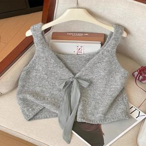 회색 양면 착용 니트 조끼 여성 스타일 2025년 신상 봄 출퇴근용 스퀘어 칼라 레귤러 길이 스웨터 아우터웨어