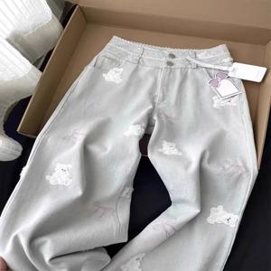 빈티지 여성 청바지 streetwear 베어 자수 y2k 넓은 다리 바지 Pantalon Femme 하이 웨이스트 스트레이트 캐주얼 세련된 데님 바지