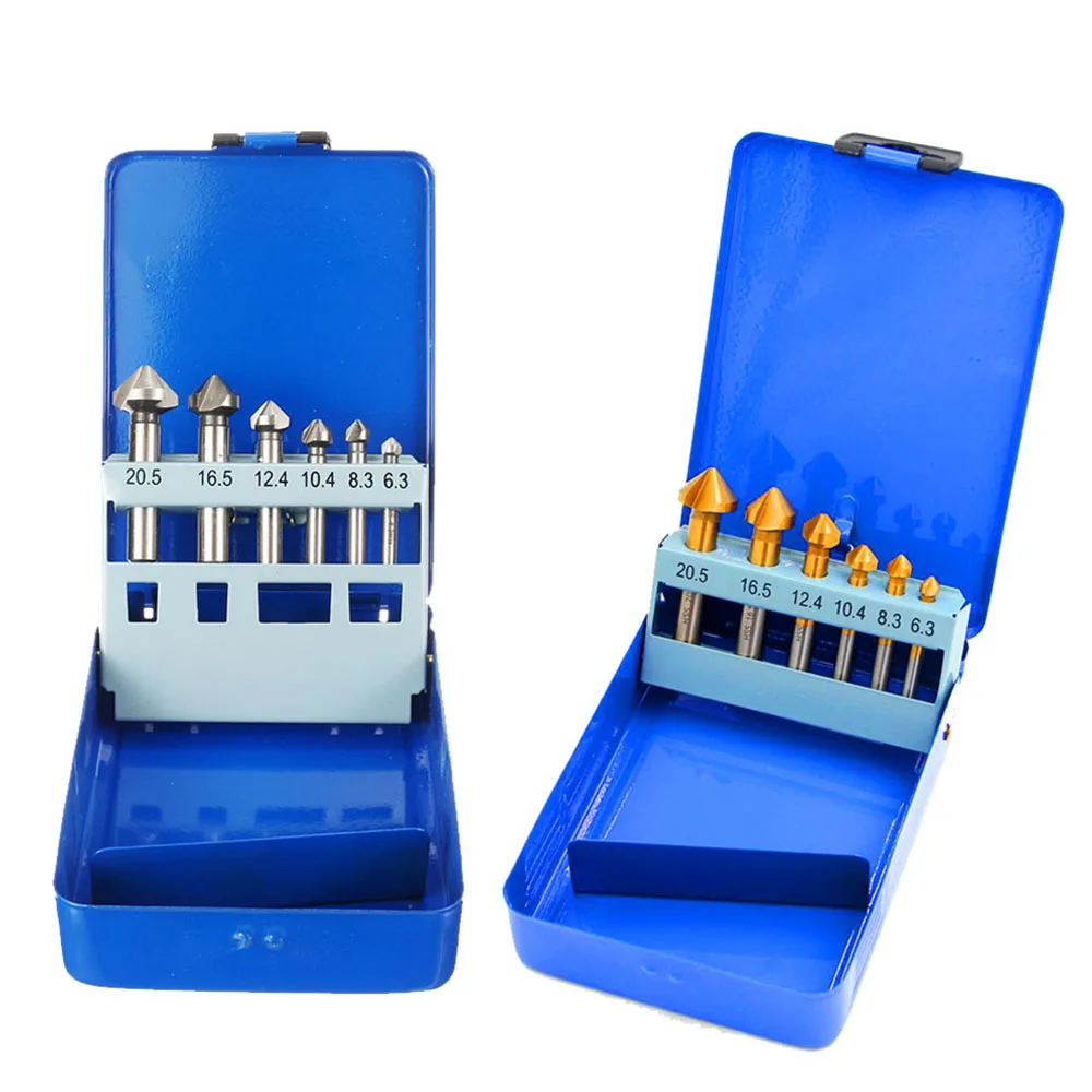 6 개/상자 6.3-20.5mm 모따기 엔드 밀 커터 3 플루트 라운드 생크 90도 HSS 카운터 싱크 디버링 테이퍼 드릴 비트