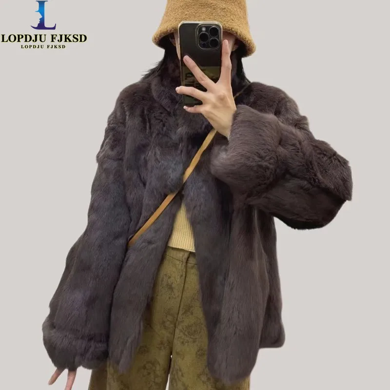 리얼 모피 코트 여성 천연 토끼 모피 자켓 조끼 긴 겨울 따뜻한 푹신한 모피 겉옷 고품질 모피 의류