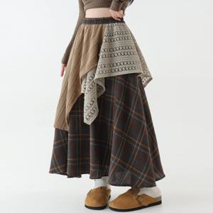 하이웨이스트 비대칭 레이스 스플라이싱 A라인 미디 스커트 여성 플레어 롱 드레스 슬리밍 플래드 우산 스커트 일본 스타일