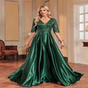 럭셔리 짧은 소매 녹색 새틴 v 넥 이브닝 드레스 여성 스팽글 우아한 파티 댄스 파티 바닥 길이 칵테일 졸업 가운