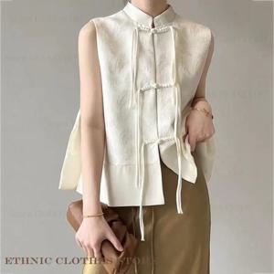 패션 중국어 당나라 스타일 탑 섹시한 민소매 여성 셔츠 중국어 번체 의류 자카드 슬림 Qipao Cheongsam 블라우스