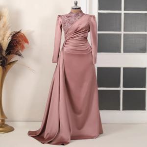 맞춤형 Charmeuse Beading Pleat A 라인 하이 칼라 롱 드레스 맞춤형 행사 우아한 복고풍 중국 스타일