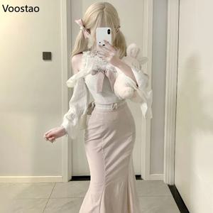 일본 달콤한 로리타 스타일 스커트 세트 여성 귀여운 프릴 보우 블라우스 슬림 탑 핑크 파티 미디 스커트 정장 세련된 한국어 Y2k 의상