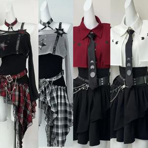 고딕 하라주쿠 2피스 세트 여성 빈티지 Y2k 크롭탑 블라우스 + 블랙 하이웨이스트 레트로 스커트 벨트 파티 빈티지 세트 시크