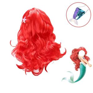 아리엘 인어공주 소녀용 빨간색 웨이브 롱 헤어 가발, 귀여운 인어 꼬리 지갑 가방 포함, 할로윈 카니발 코스프레 액세서리