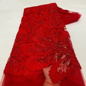 레드 아프리칸 스팽글 비즈 레이스 원단 2025 고품질 시퀸 자수 프랑스 나이지리아 레이스 원단 웨딩 의류용