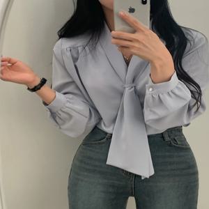 한국 스타일 시크한 개성 출퇴근 패션 레트로 소규모 여성 셔츠 디자인 감각 타이 셔츠 여성 패션