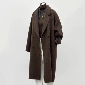 2025년 가을 겨울 여성용 다크 그레이 양면 울 코트, 뉴 헵번 스타일 고급 중간 길이 재킷