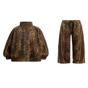 미스터 WH 디자인 레오파드 프린트 힙합 세트 하이 스트리트 캐주얼 팬츠 루즈핏 지퍼 클로저 긴팔 스웨트셔츠 투피스 세트