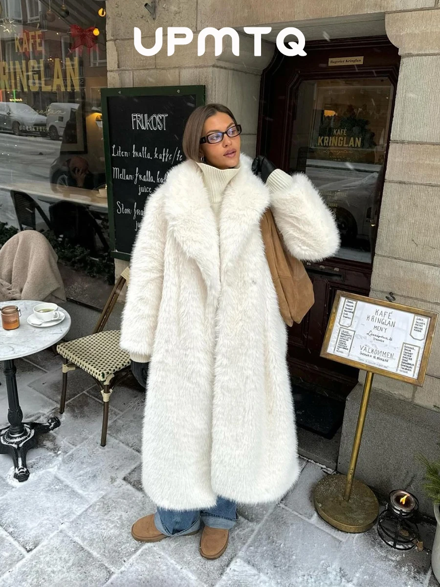 프리미엄 퍼지 롱 인조 모피 코트 여성 시크바이브 화이트 맥시 오버코트 겨울 패션 2025 아이코닉 스터닝 올드 머니 파티 의상