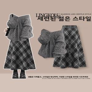 멋진 대형 사이즈 가을 니트 스웨터와 하이웨이스트 체크 미니 스커트 세트 여성 패션 브이넥 투피스 세트
