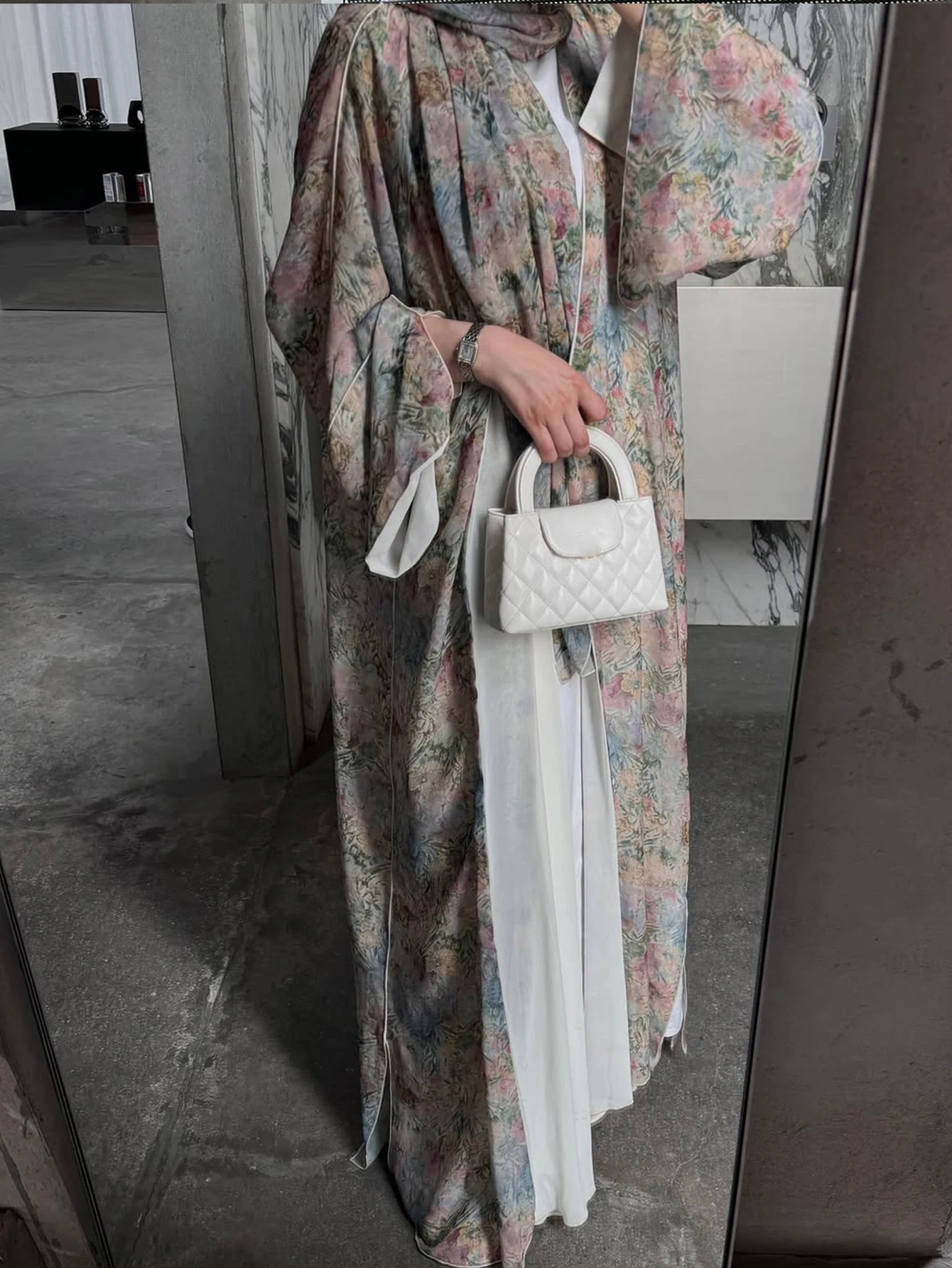 중동풍 우아한 아랍 전통 카디건 긴소매 플로럴 프린트 아바야 로브 (헤드스카프 포함)