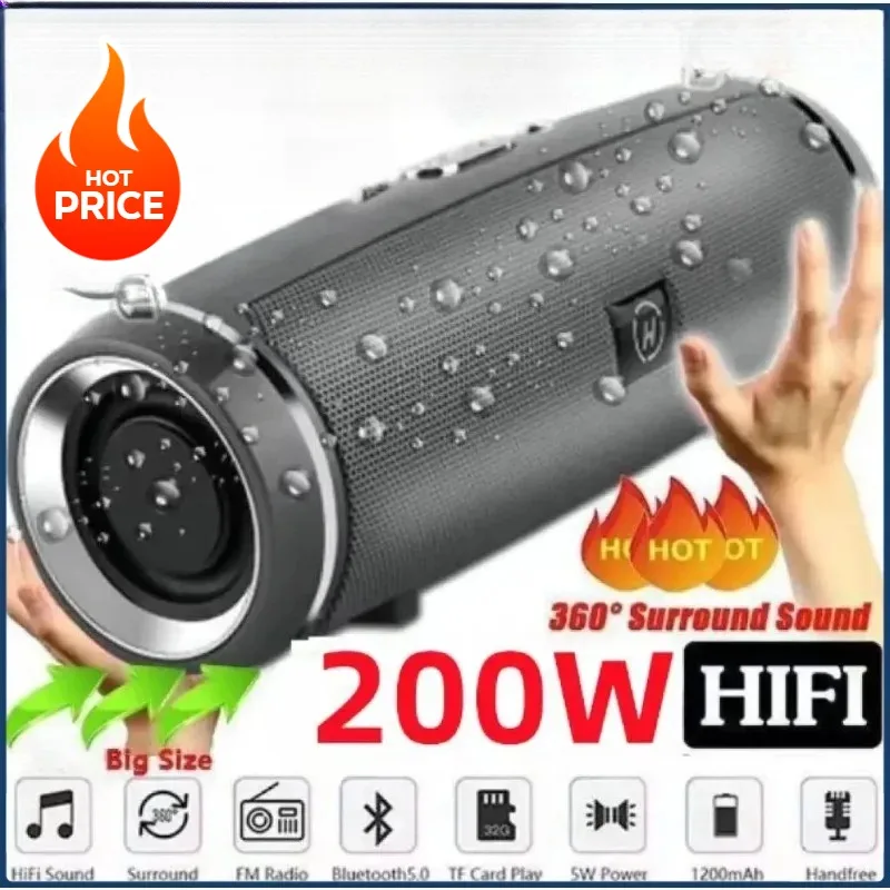 새로운 200W 휴대용 블루투스 스피커 IPX7 방수 야외 HIFI 기둥 스피커 서브우퍼 스테레오 스피커 FM 라디오 TF 붐박스