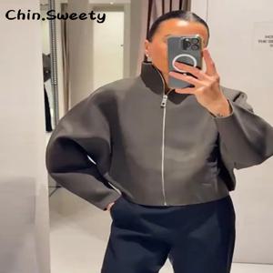 캐주얼 여성 니트 스탠드 칼라 크롭 재킷 루즈 풀 슬리브 지퍼 코트 2025 가을 겨울 여성 시크 출퇴근 아우터웨어