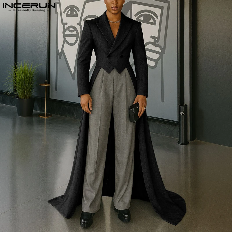 INCERUN 남성용 불규칙 블레이저 솔리드 라펠 긴 소매 캐주얼 수트 남성 스트리트웨어 우아한 패션 남성 코트 롱 스타일 블레이저