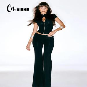 CNYISHE 레이스 버클 여성 세트 패션 쿨 하프 하이 칼라 반팔 시스 티셔츠 솔리드 여성 정장 트렌디 섹시 팬츠