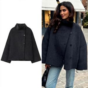 여성용 울 재킷 와이드 숄더 가을 빈티지 하이넥 긴팔 버튼 여성 코트 캐주얼 여성 시크 탑