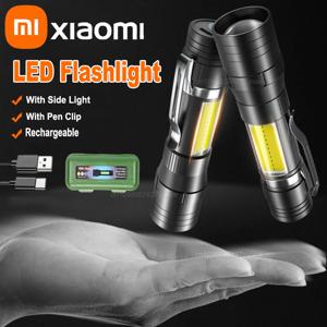펜 클립이 있는 샤오미 충전식 LED 손전등 줌이 가능한 방수 토치 사이드 라이트가 있는 야외 캠핑 비상 랜턴