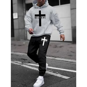 패션 블리브 크로스 프린트 트렌디 후드 스웨트셔츠 & 편안한 매칭 스웨트팬츠 세트, 남성용 2피스 시크한 가을 의상