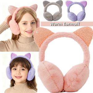 반짝이 고양이 귀 모양 따뜻한 귀마개 소녀용 플러시 겨울 방한용 털 귀덮개 여성용 귀덮개 추위 방지 귀마개
