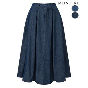 여성 데님 핀턱 뒷밴딩 플레어 롱스커트