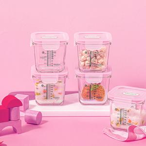 글라스락 베이비 눈금 이유식용기 큰용량 270ml 사면결착캡 4조 세트 핑크