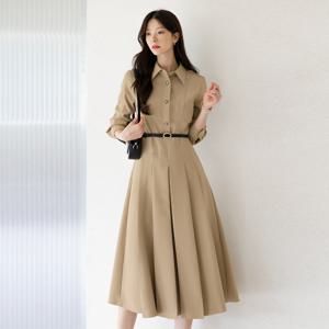 (~XXL까지) 피에르나 싱글카라 벨트 플리츠 플레어 원피스 가을 하객룩 오피스룩 모임룩 격식룩 빅사이즈