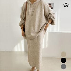 정상가:119,000원 ㅣ 베이직 후드 니트 롱 H라인 투피스 셋업 (WIADOP021)