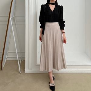 여성 밴딩 플리츠 니트 롱 스커트 기계주름 치마 모임룩 하객룩 오피스룩