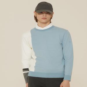 헤지스 골프 [[24FW]] HUSW4C611B1 블루 남성 컬러블록 라운드 풀오버 니트