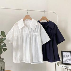 [하프클럽] 여자 데일리룩 나일론 카라 여름 화이트 반팔 블라우스