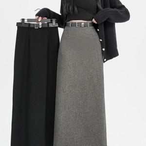 [하프클럽] 밈코 봄 가을 겨울 모직 하이웨스트 H라인 롱스커트 블랙 그레이 뒷트임 오피스룩 치마