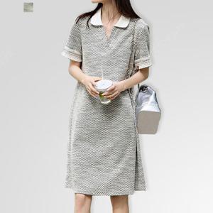 [퀸이즈] 페너 오픈카라 소매 트위드 반팔원피스
